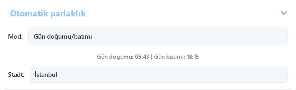 İstanbul için gün doğumu/batımı modunda ArrayLux otomatik parlaklık