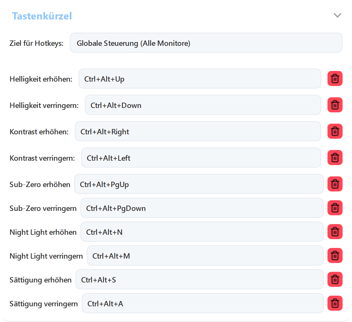 ArrayLux-Tastenkürzel für Helligkeit, Kontrast, Sub-Zero, Nachtlicht und Sättigung