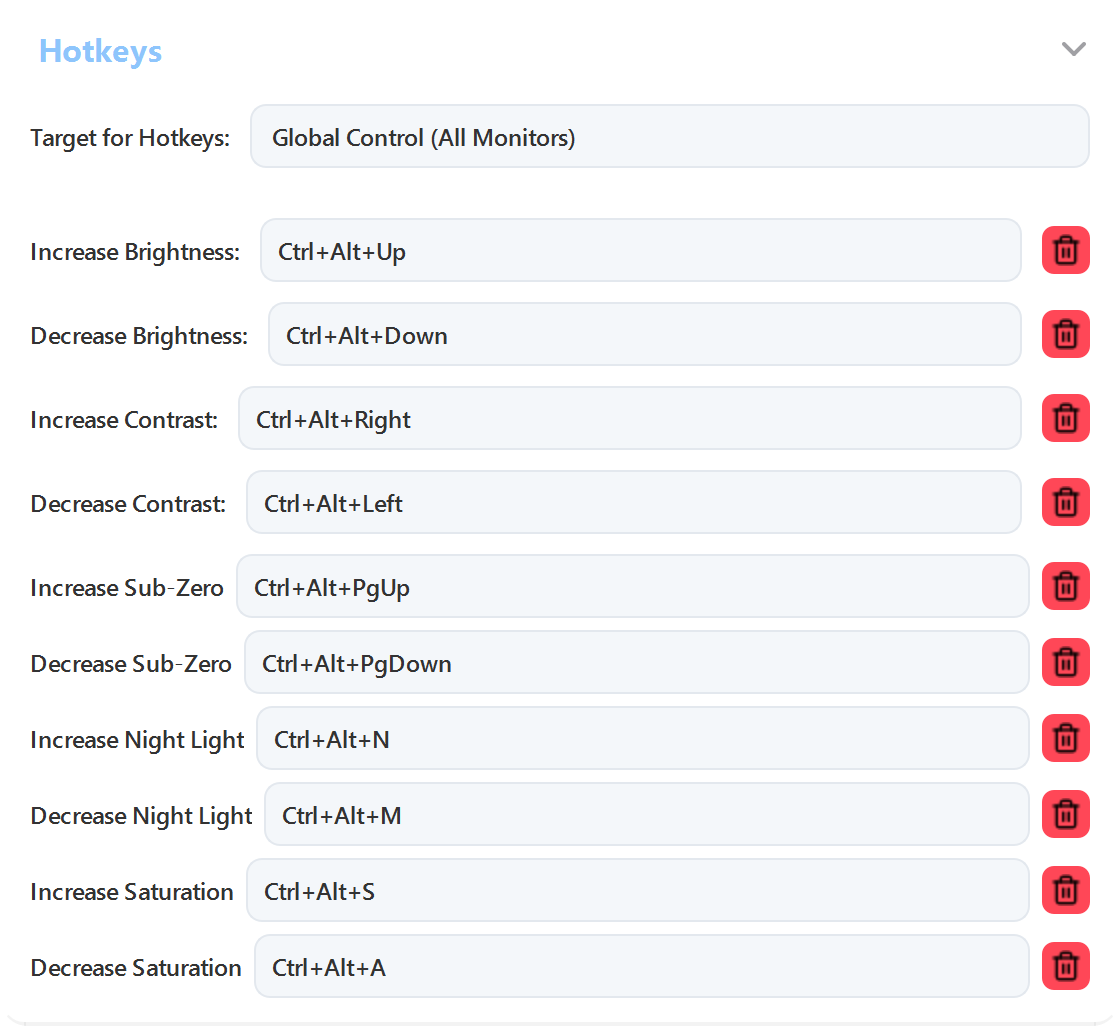 ArrayLux hotkey settings: shortcuts for brightness, contrast, Sub-Zero, night light and saturation