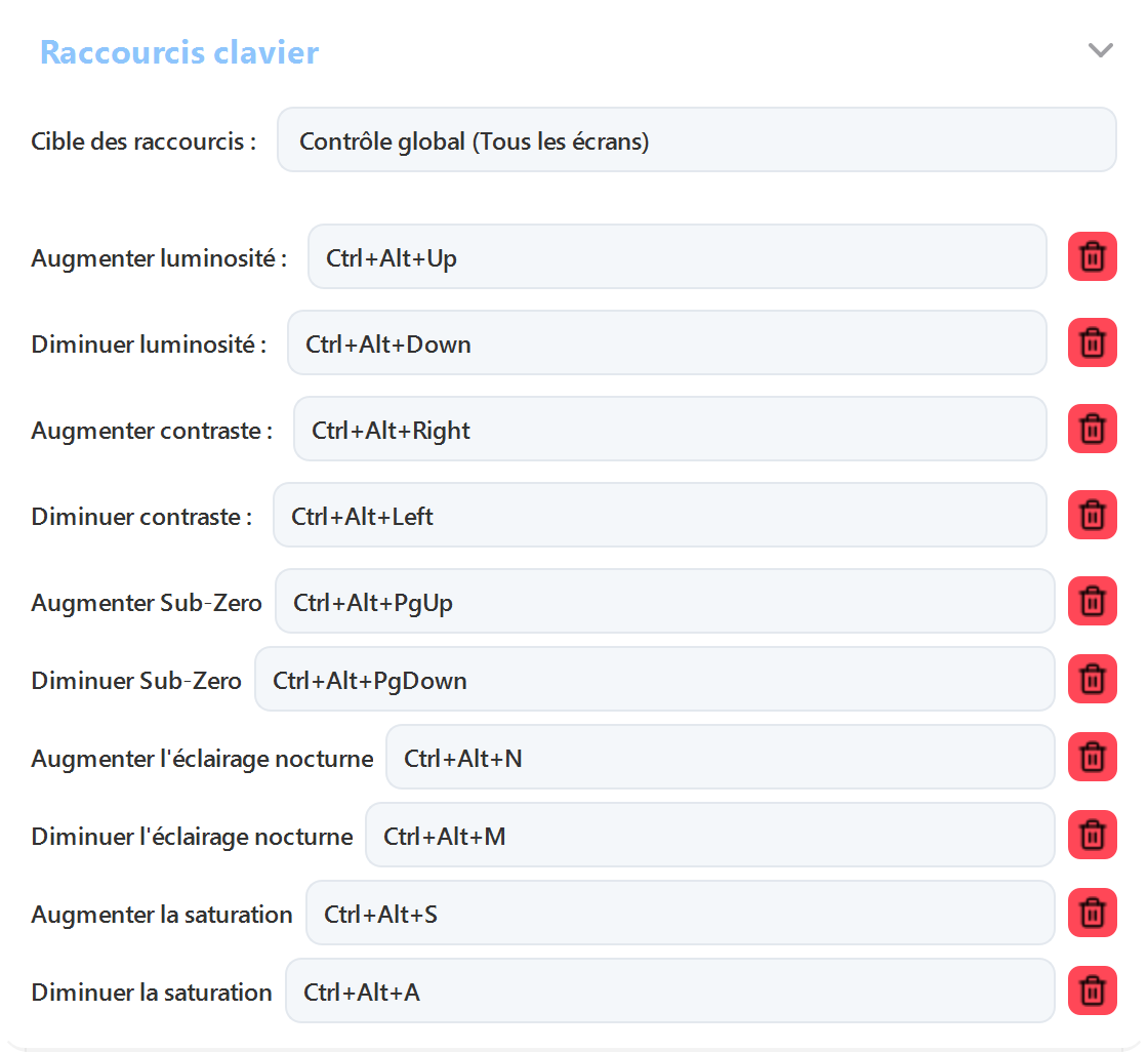 Raccourcis clavier ArrayLux pour la luminosité, le contraste, Sub-Zero, l’éclairage nocturne et la saturation