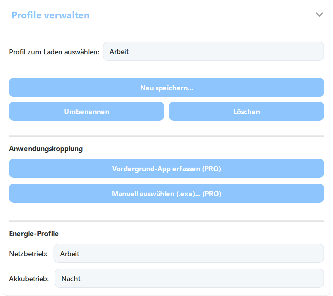 ArrayLux-Einstellungen: Profile verwalten, Profile mit Apps verknüpfen, getrennte Profile für Netz und Akku