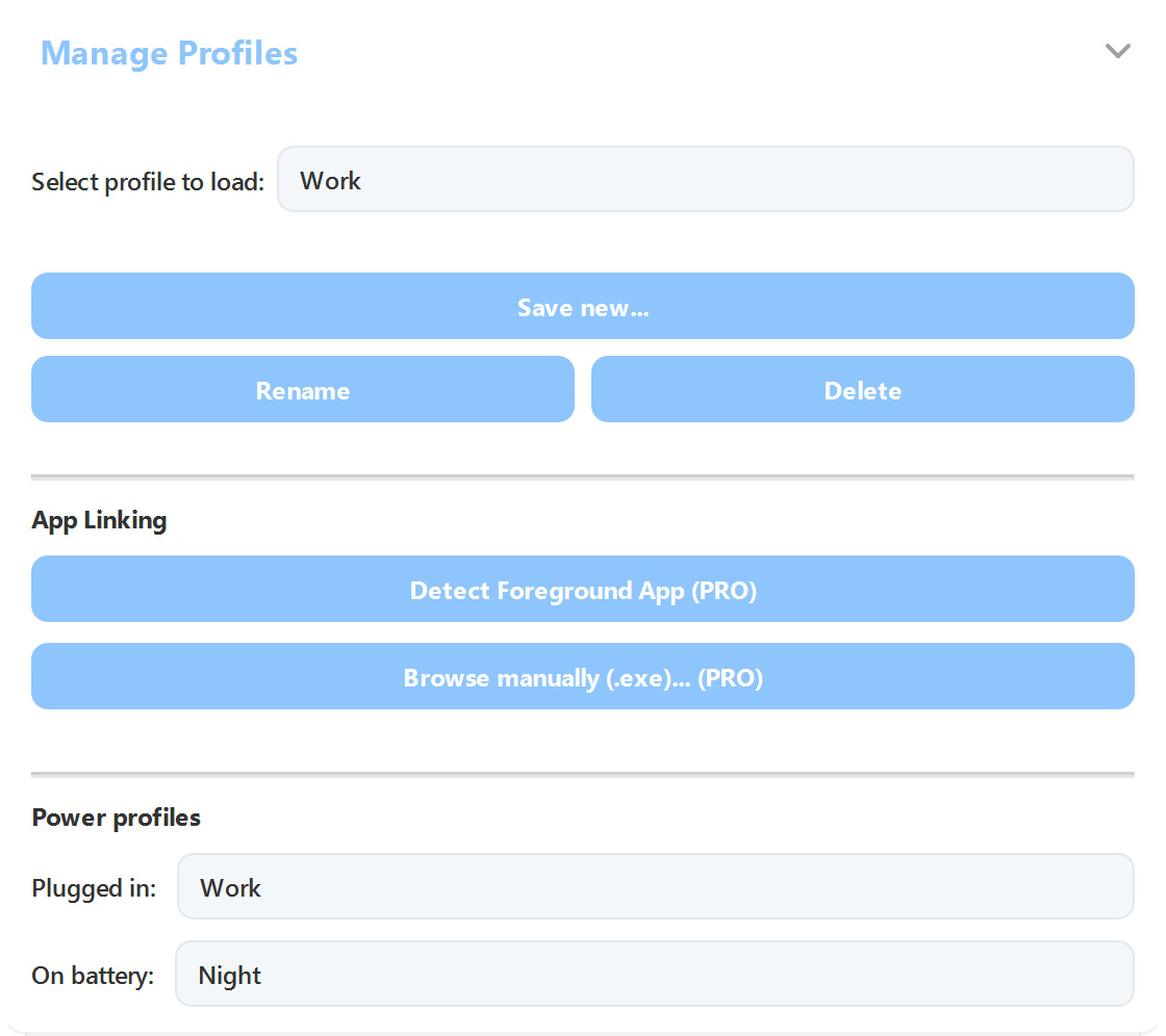 ArrayLux settings: manage profiles, link profiles to apps, and separate profiles for plugged in and on battery