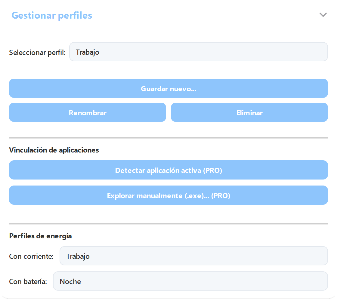 Ajustes de ArrayLux: gestionar perfiles, vincular perfiles a apps y perfiles distintos con cargador y con batería