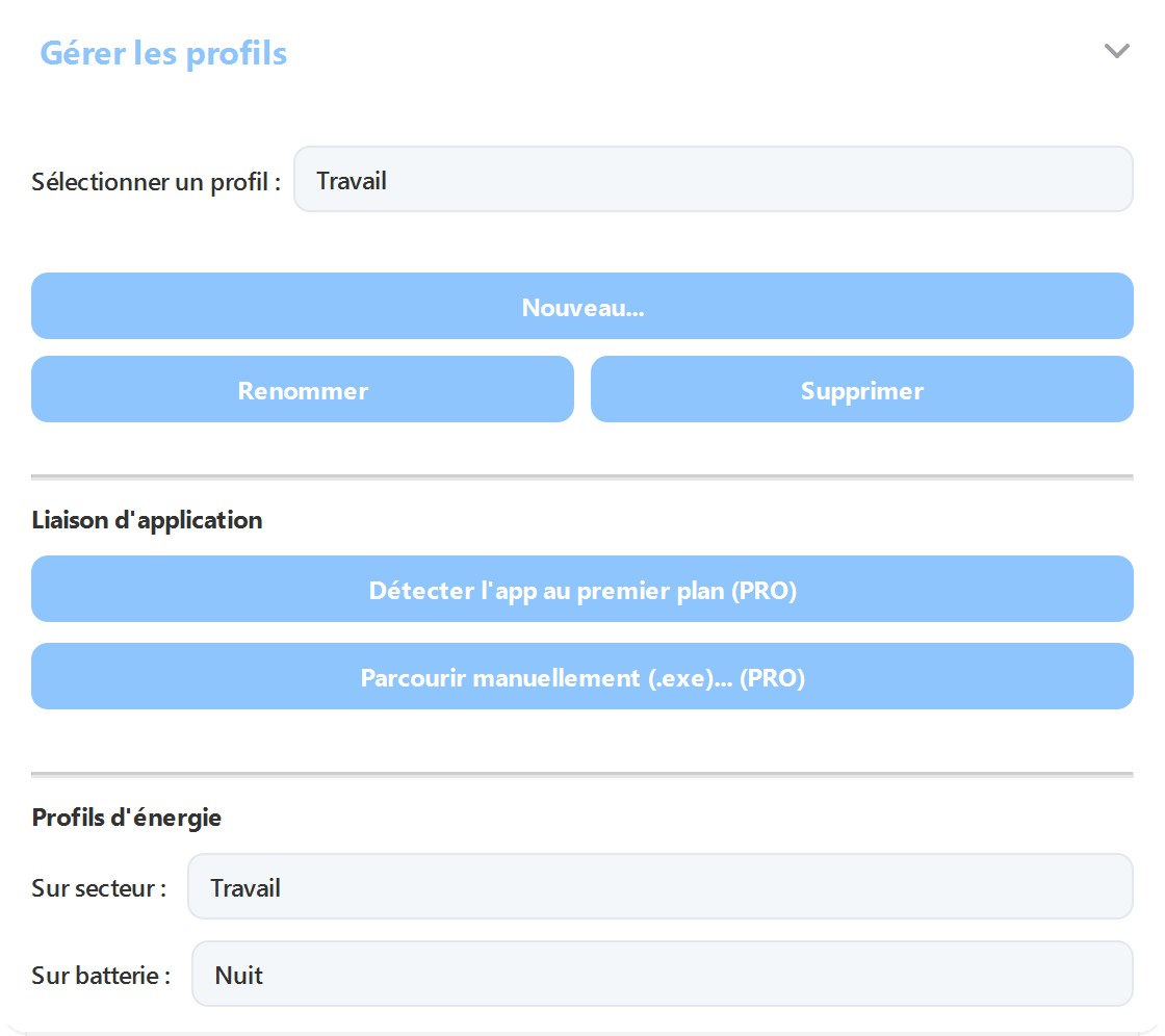 Paramètres ArrayLux : gérer les profils, les associer à des applications, profils secteur et batterie