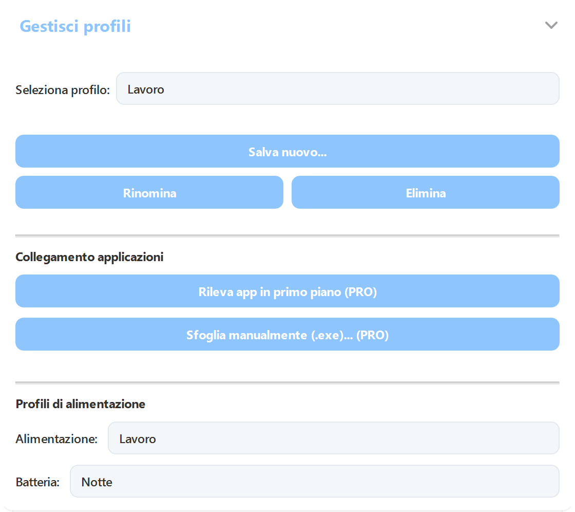 Impostazioni di ArrayLux: gestione profili, profili collegati alle app e profili separati per alimentazione e batteria