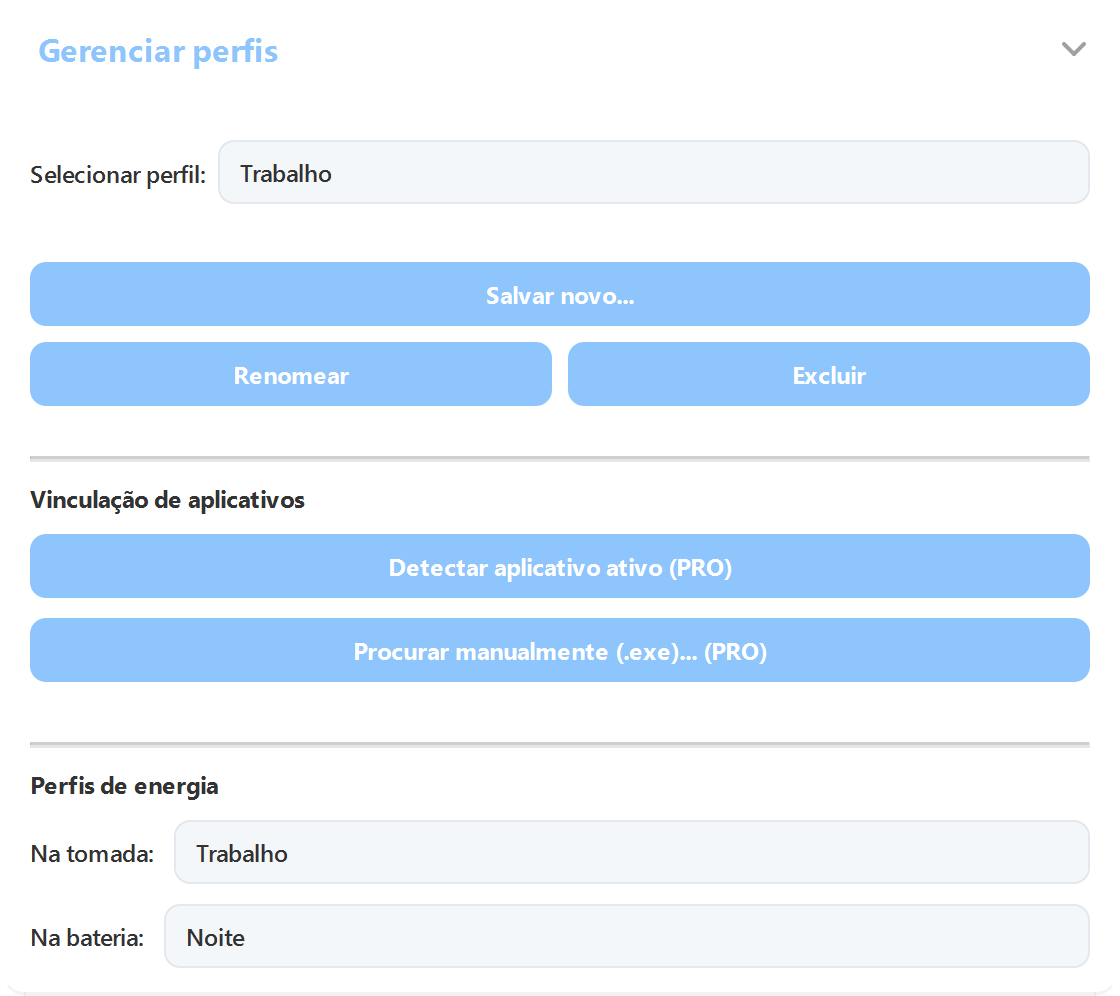 Configurações do ArrayLux: gerenciar perfis, vincular perfis a apps e perfis separados na tomada e na bateria