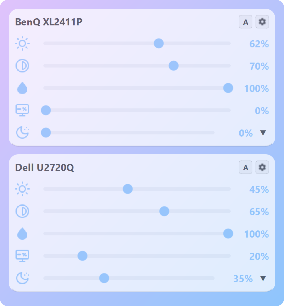 The real ArrayLux window: brightness, contrast, saturation, Sub-Zero and night light sliders for a BenQ and a Dell monitor